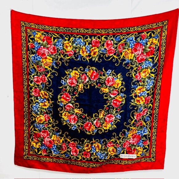 Unused- Yves Saint Laurent  Scarf/Blanket 70% Wool 30% Silk 40"x40" Floral (26) - Picture 1 of 14
